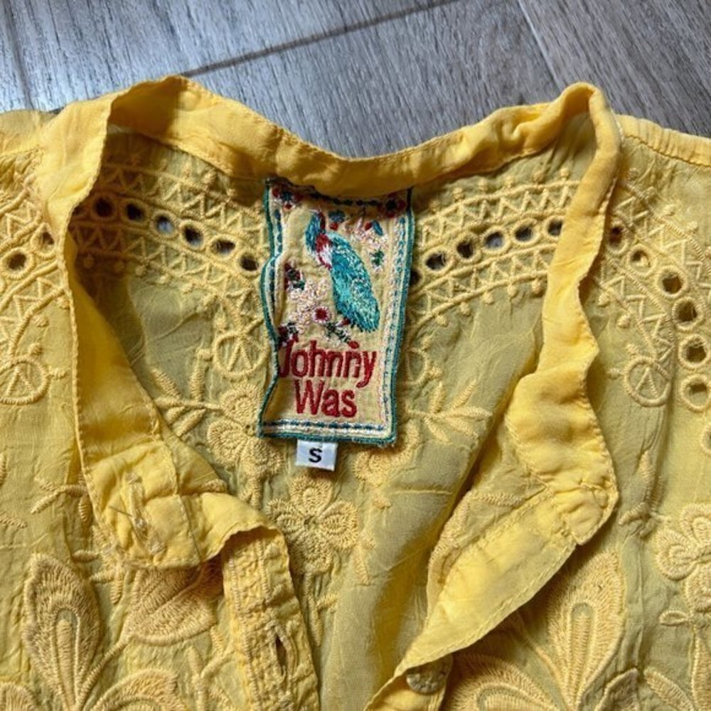 Johnny Was Yellow Lace Button Up Ruffle Tunic Top Size S - Picture 3 of 7